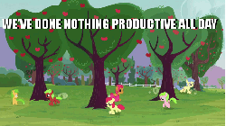 Size: 480x270 | Tagged: safe, edit, edited screencap, screencap, apple bloom, apple flora, apple squash, babs seed, red june, sweet tooth, apple family reunion, g4, animated, apple family member, female, filly, i have done nothing productive all day, image macro, running, tree