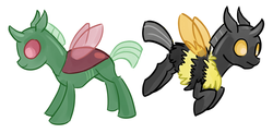 Size: 738x360 | Tagged: safe, artist:starlight-gaze, artist:tiitha, oc, oc only, bee, beeling, bumblebee, changedling, changeling, changeling oc, duo, green changeling, hilarious in hindsight, holeless, simple background, white background, yellow changeling