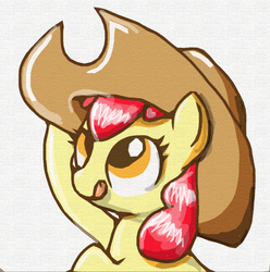 Size: 1289x1301 | Tagged: safe, artist:kikithewolf64, apple bloom, earth pony, pony, g4, applejack's hat, cowboy hat, female, filly, hat, solo, stetson, tongue out