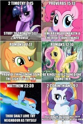 Size: 349x524 | Tagged: safe, applejack, fluttershy, pinkie pie, rainbow dash, rarity, twilight sparkle, g4, bible, mane six, religion, text