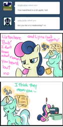 Size: 346x693 | Tagged: safe, artist:bambooharvester, bon bon, lyra heartstrings, sweetie drops, g4, ask, bon bon is not amused, comic, computer, dialogue, tumblr, unamused