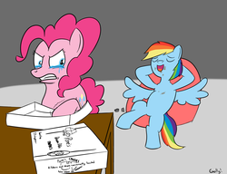 Size: 1300x1000 | Tagged: safe, artist:rapidstrike, pinkie pie, rainbow dash, g4, angry, candy, chocolate, rainbow douche