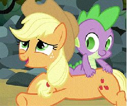 Size: 350x293 | Tagged: safe, screencap, applejack, spike, dragon, earth pony, pony, g4, season 3, spike at your service, animated, back scratching, butt touch, female, hand on butt, male, mare, massage, petting, scratching, shipping fuel, tickling