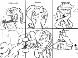 Size: 1024x768 | Tagged: safe, artist:butts-mcpoop, applejack, fluttershy, pinkie pie, rainbow dash, rarity, twilight sparkle, earth pony, pegasus, pony, unicorn, g4, background pony applejack, barn, bipedal, breaking the fourth wall, clothes, eyes closed, female, grayscale, levitation, magic, mane six, mare, monochrome, one eye closed, open mouth, raised hoof, scarf, telekinesis, wink