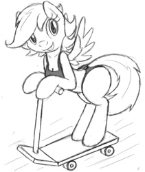 Size: 700x830 | Tagged: safe, artist:tg-0, scootaloo, pegasus, semi-anthro, g4, arm hooves, clothes, monochrome, scooter, solo, swimsuit