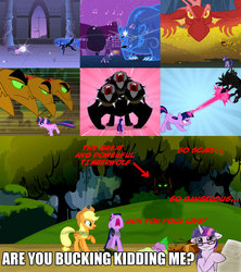 Size: 1000x1125 | Tagged: safe, edit, edited screencap, screencap, applejack, basil, cerberus (character), nightmare moon, spike, twilight sparkle, alicorn, cerberus, changeling, dragon, earth pony, hydra, pony, timber wolf, unicorn, ursa minor, a canterlot wedding, boast busters, dragonshy, feeling pinkie keen, friendship is magic, g4, it's about time, spike at your service, caption, female, floppy ears, lying down, mare, multiple heads, on back, power levels are bullshit, three heads, unicorn twilight