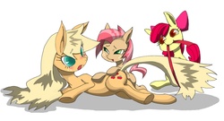 Size: 1121x607 | Tagged: safe, artist:8->, apple bloom, applejack, babs seed, g4, blushing, pixiv