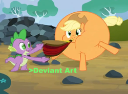 Size: 1307x964 | Tagged: safe, edit, edited screencap, screencap, applejack, spike, dragon, earth pony, pony, spike at your service, bellows, caption, female, inflation, male, mare