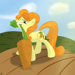 Size: 1600x1600 | Tagged: safe, artist:terra-aquis, carrot top, golden harvest, pony, g4, carrot, female, pulling, solo