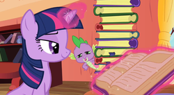 Size: 835x457 | Tagged: safe, screencap, spike, twilight sparkle, dragon, pony, unicorn, g4, spike at your service, book, female, male, mare, pile of books, reading