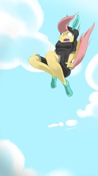 Size: 1000x1800 | Tagged: safe, artist:swomswom, fluttershy, pegasus, anthro, g4, bunny ears, clothes, dangerous mission outfit, falling, female, hoodie, solo