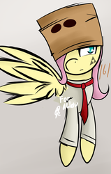 Size: 889x1399 | Tagged: dead source, safe, artist:ppdraw, fluttershy, pegasus, pony, g4, /b/, beige background, bust, clothes, female, mare, necktie, paper bag, shirt, simple background, solo, spread wings, tattoo, tired, triforce, turned head, wings