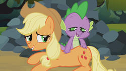 Size: 1152x648 | Tagged: safe, screencap, applejack, spike, dragon, earth pony, pony, g4, spike at your service, back scratching, butt touch, female, hand on butt, male, mare, massage, out of context