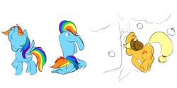 Size: 695x348 | Tagged: safe, artist:furseiseki, applejack, rainbow dash, g4, apple, applebucking, applebutt, butt, feet, food, plot, simple background, wat, white background