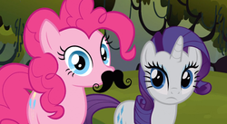 Size: 851x467 | Tagged: safe, screencap, pinkie pie, rarity, earth pony, pony, unicorn, g4, spike at your service, female, mare, moustache