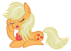Size: 800x583 | Tagged: safe, artist:kristysk, applejack, earth pony, pony, g4, eyes closed, female, hatless, loose hair, lying down, mare, missing accessory, open mouth, prone, simple background, solo, transparent background