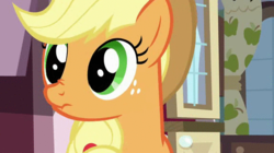 Size: 575x323 | Tagged: safe, applejack, earth pony, pony, g4, spike at your service, scrunchy face