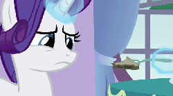 Size: 640x360 | Tagged: safe, screencap, rarity, pony, unicorn, g4, season 3, spike at your service, animated, eating, female, gif, magic, mare, rarity looking at food, scrunchy face, solo, telekinesis