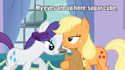 Size: 834x468 | Tagged: safe, edit, edited screencap, screencap, applejack, rarity, earth pony, pony, unicorn, g4, spike at your service, caption, female, hat, image macro, mare, out of context