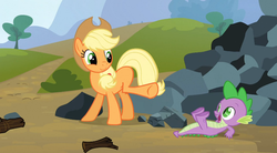 Size: 851x469 | Tagged: safe, screencap, applejack, spike, dragon, earth pony, pony, g4, spike at your service, female, male, mare