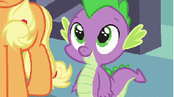 Size: 576x324 | Tagged: safe, screencap, applejack, spike, dragon, earth pony, pony, g4, spike at your service, animated, cute, female, male, mare, missing cutie mark, spikabetes