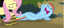Size: 410x180 | Tagged: safe, screencap, fluttershy, rainbow dash, pegasus, pony, g4, spike at your service, animated, bucket sandals, female, laughing, mare, nose in the air