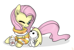 Size: 2570x1734 | Tagged: safe, artist:marisalle, angel bunny, fluttershy, g4, clothes, hot chocolate, hug, sweater, sweatershy, winghug