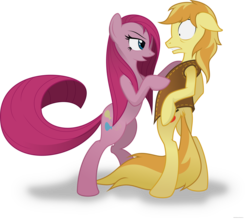 Size: 5200x4596 | Tagged: safe, artist:randomlywhimsical, braeburn, pinkie pie, earth pony, pony, g4, absurd resolution, bedroom eyes, bipedal, braepie, duo, eye contact, female, floppy ears, looking at each other, male, mare, nervous, pinkamena diane pie, shipping, simple background, stallion, straight, transparent background, undressing, varying degrees of want, wide eyes