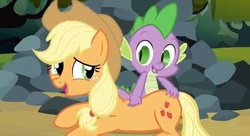 Size: 640x347 | Tagged: safe, screencap, applejack, spike, dragon, earth pony, pony, g4, spike at your service, back scratching, butt touch, female, hand on butt, male, mare, massage, out of context, petting, shipping fuel