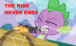 Size: 778x466 | Tagged: safe, edit, edited screencap, screencap, spike, dragon, g4, season 3, spike at your service, image macro, male, mr. bones' wild ride, red text, the ride never ends