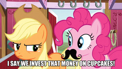 Size: 1366x768 | Tagged: safe, applejack, pinkie pie, earth pony, pony, g4, season 3, spike at your service, applejack's hat, cowboy hat, hat, image macro, male, moustache, mr. burns, reference, the simpsons