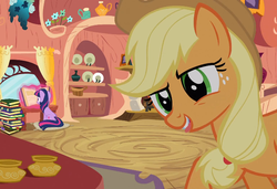 Size: 682x467 | Tagged: safe, screencap, applejack, twilight sparkle, earth pony, pony, g4, my little pony: friendship is magic, spike at your service, book, female, golden oaks library, inkwell, mare