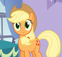 Size: 602x559 | Tagged: safe, screencap, applejack, earth pony, pony, g4, my little pony: friendship is magic, spike at your service, applejack's hat, c:, cowboy hat, cute, female, hat, jackabetes, smiling, solo