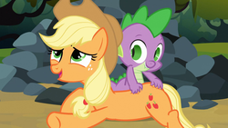 Size: 1680x945 | Tagged: safe, screencap, applejack, spike, dragon, earth pony, pony, g4, spike at your service, back scratching, butt touch, female, hand on butt, lip bite, male, mare, open mouth, out of context, scratching