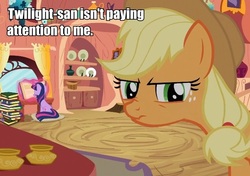 Size: 663x467 | Tagged: safe, edit, edited screencap, screencap, applejack, twilight sparkle, earth pony, pony, unicorn, g4, spike at your service, book, duo, duo female, female, golden oaks library, image macro, inkwell, mare, reading, scrunchy face, unicorn twilight