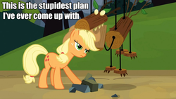 Size: 959x540 | Tagged: safe, screencap, applejack, earth pony, pony, g4, spike at your service, female, image macro, mare, meme, nom, plan, timber wolf puppet