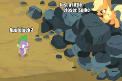 Size: 959x636 | Tagged: safe, edit, edited screencap, screencap, applejack, spike, dragon, earth pony, pony, g4, spike at your service, bad end, caption, crushing, female, implied murder, male, mare, out of context, rock, spikeabuse