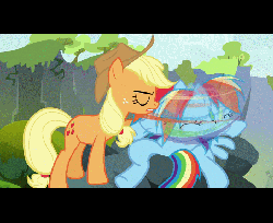 Size: 704x576 | Tagged: safe, screencap, applejack, rainbow dash, earth pony, pegasus, pony, g4, spike at your service, animated, black bars, blinking, female, head shake, letterboxing, mare, rock