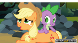 Size: 1200x675 | Tagged: safe, edit, screencap, applejack, spike, dragon, earth pony, pony, g4, spike at your service, back scratching, brazzers, butt touch, female, hand on butt, implied foalcon, lip bite, male, mare, massage, meme, open mouth, out of context, petting, ship:applespike, shipping, straight