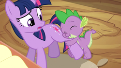 Size: 1440x807 | Tagged: safe, screencap, spike, twilight sparkle, dragon, pony, unicorn, g4, my little pony: friendship is magic, spike at your service, cute, duo, eyes closed, female, frown, happy, hug, leg hug, male, mare, open mouth, smiling, unicorn twilight