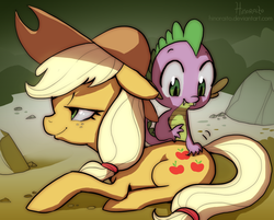 Size: 1134x910 | Tagged: safe, artist:hinoraito, applejack, spike, dragon, earth pony, pony, g4, spike at your service, female, hand on butt, male, mare, rump scritches, scene interpretation, scratching, ship:applespike, shipping, straight