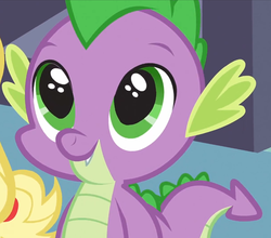 Size: 618x543 | Tagged: safe, screencap, applejack, spike, dragon, g4, spike at your service, baby, baby dragon, big eyes, carousel boutique, cute, dilated pupils, fangs, looking up, male, puppy dog eyes, smiling, spikabetes, tail