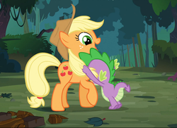 Size: 748x545 | Tagged: safe, screencap, applejack, spike, dragon, earth pony, pony, g4, spike at your service, female, hug, male, mare