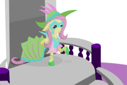 Size: 891x600 | Tagged: safe, artist:philith, fluttershy, pegasus, pony, g4, clothes, dress, feathered hat, female, floppy ears, folded wings, hat, hoof shoes, looking down, mare, masquerade mask, raised hoof, solo, stairs, standing, wings