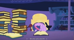 Size: 1100x590 | Tagged: safe, edit, edited screencap, screencap, twilight sparkle, pony, unicorn, g4, season 1, the cutie mark chronicles, book, filly, filly twilight sparkle, solo, youtube caption