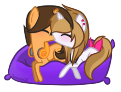 Size: 813x617 | Tagged: safe, artist:sandra626, oc, oc only, pony, unicorn, blushing, bow, cushion, earring, female, freakii, headphones, justcola, kissing, male, necklace, pillow, shipping, straight