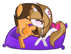 Size: 813x617 | Tagged: safe, artist:freakization, oc, oc only, oc:freakii, oc:justcola, pony, unicorn, blushing, bow, cushion, duo, earring, female, headphones, kissing, male, necklace, pillow, shipping, simple background, straight, tail, tail bow, transparent background