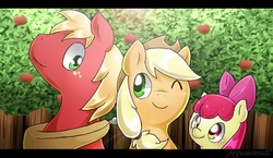 Size: 549x319 | Tagged: safe, artist:pegasisters82, apple bloom, applejack, big macintosh, earth pony, pony, g4, apple siblings, male, stallion