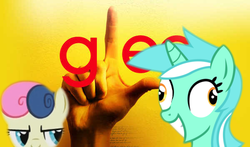 Size: 600x352 | Tagged: safe, bon bon, lyra heartstrings, sweetie drops, g4, bon bon is not amused, derp, glee, hand, irrational exuberance, smiling, that pony sure does love hands