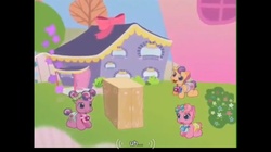 Size: 976x547 | Tagged: safe, screencap, cheerilee (g3), pinkie pie (g3), scootaloo (g3), earth pony, pony, g3, g3.5, newborn cuties, once upon a my little pony time, over two rainbows, baby, baby pony, bow, box, camera, caption, diaper, female, filly, foal, house, letterboxing, text, youtube caption